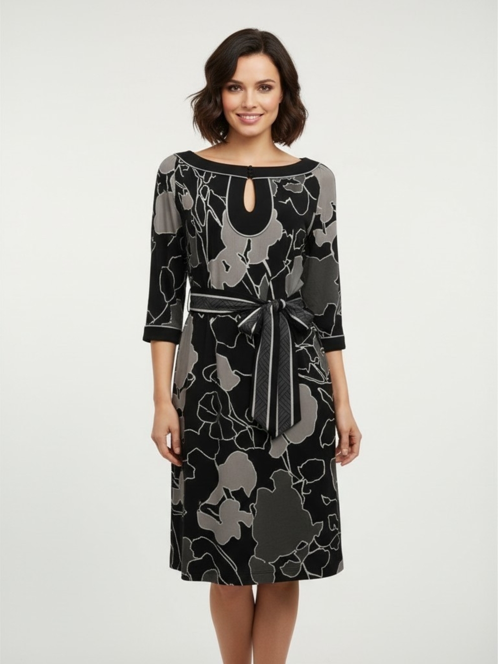 BCBG Black Gray Floral Keyhole Dress with Belt Size Medium
